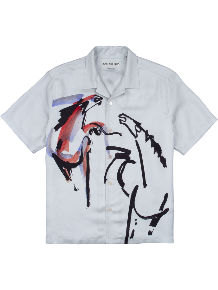 Light blue abstract brushstroke-print button-up shirt, front view