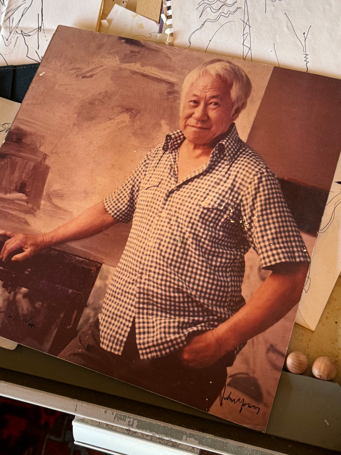 Blue and white checked button-up shirt, front view; worn by smiling older man and near Year of the Horse artwork.